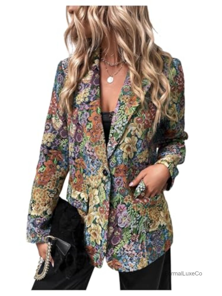 Graphic Print Blazer Long Sleeve Notch Collar Casual Work Suit Jacket